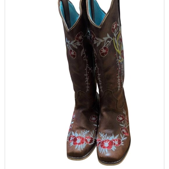 Cowgirl Boots Brown Embroidered Floral Leather Western Style Boots 1.5 heel - Picture 3 of 5